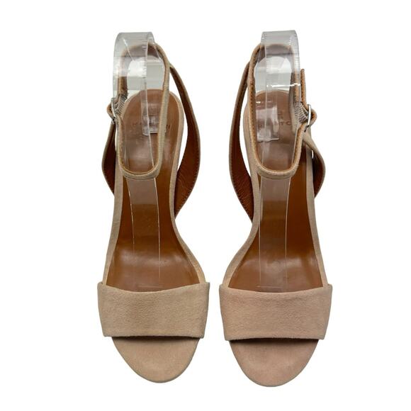 Halston Simi Blush Pink Kid Suede Leather Silver Metallic Block Heel Sandals - Picture 3 of 12